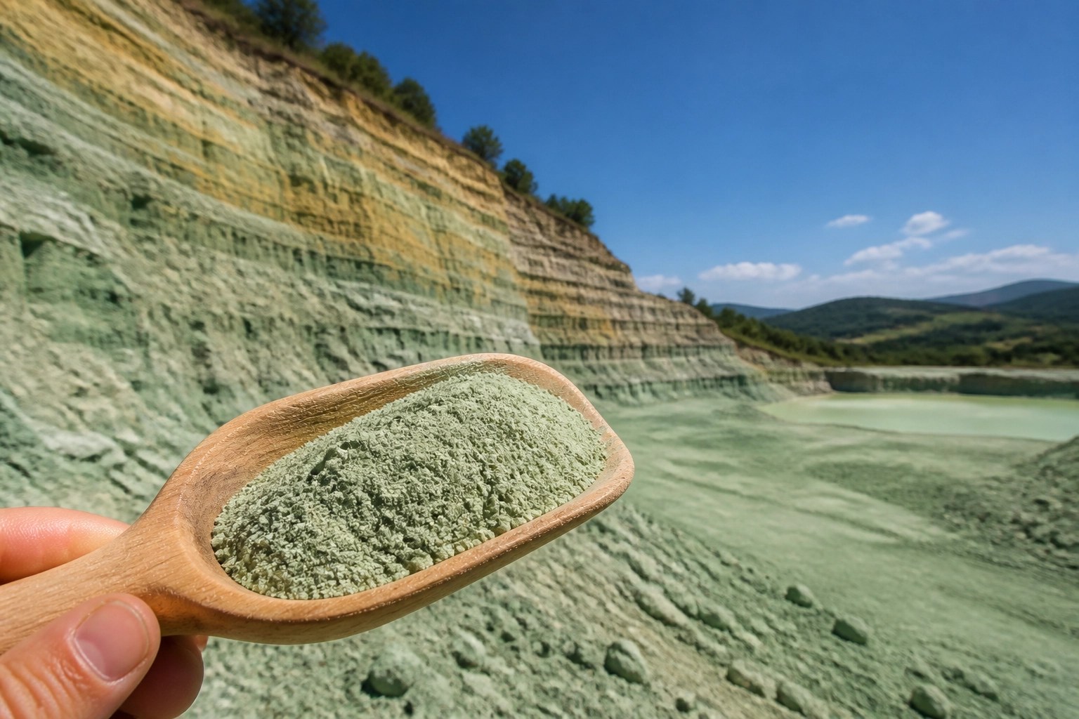 A wooden scoop of French green clay powder in front of a natural illite clay quarry in the Auvergne region.