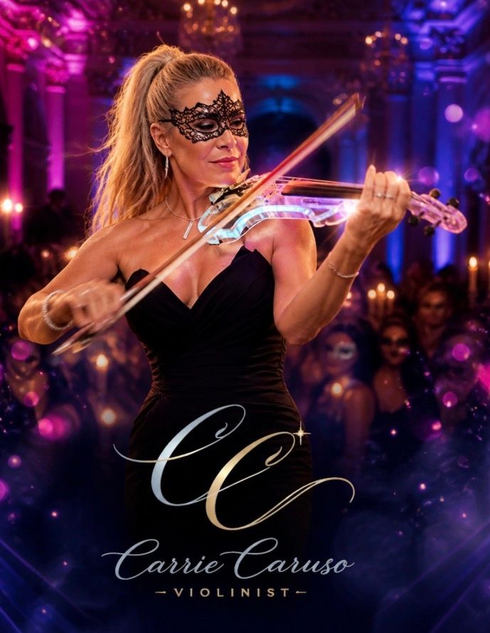 Carrie Caruso performing electric violin at an elegant black-tie celebration