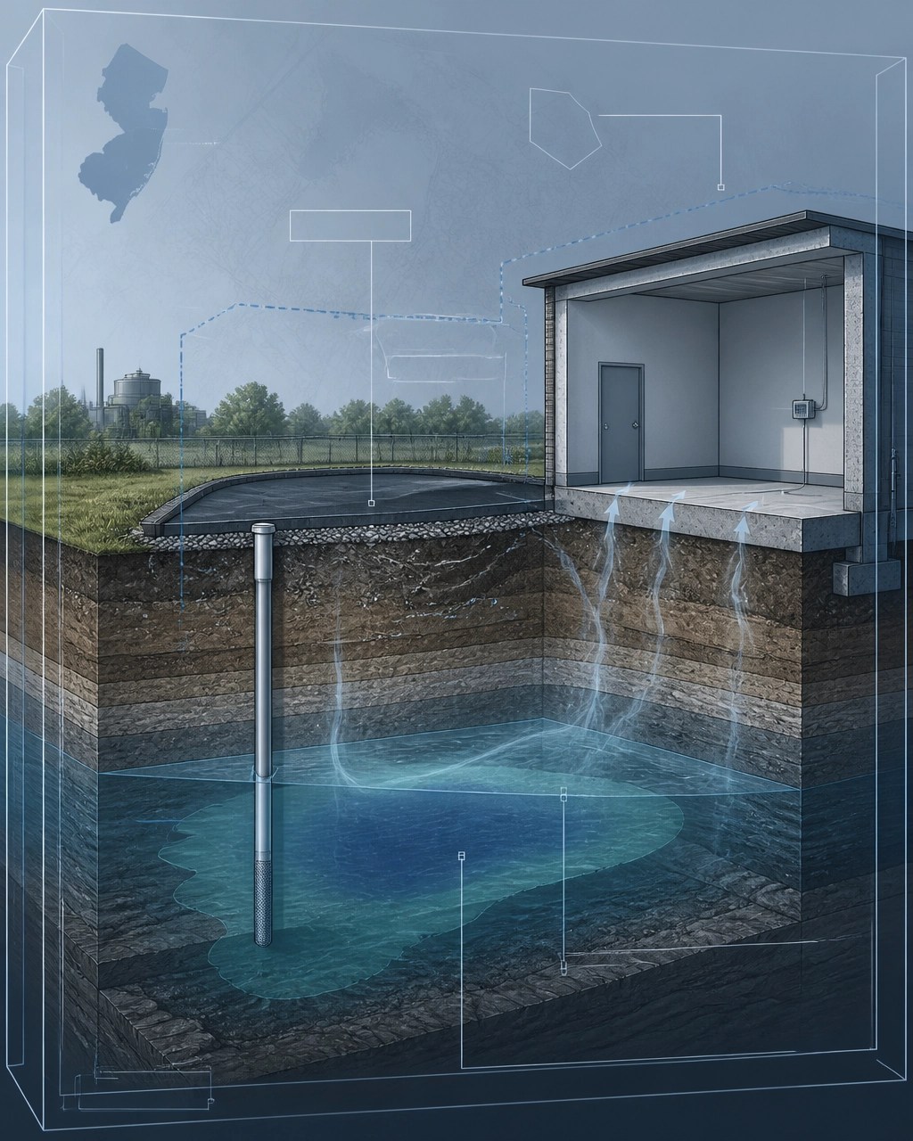 Technical cutaway illustration showing soil, groundwater, and indoor air remediation managed under one consolidated permit
