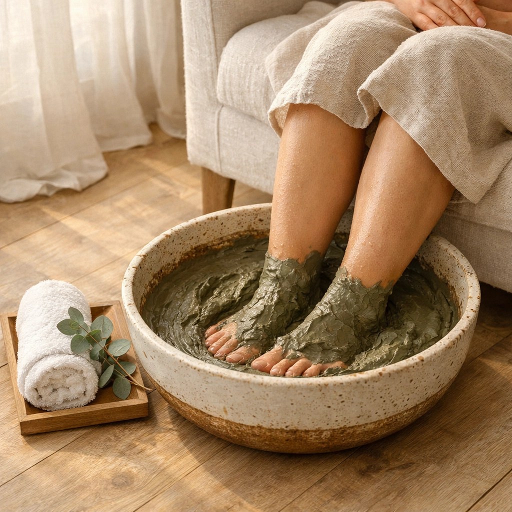 Relaxing clay foot detox soak using green clay in a bright room to reduce stress and ground the body.