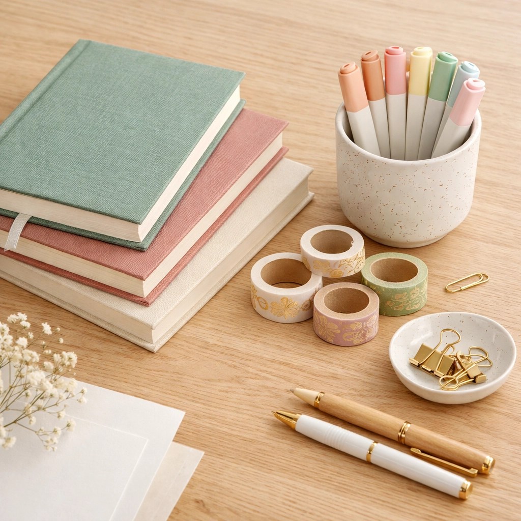 A collection of pastel prayer journals and aesthetic bible study planner supplies on an organized desk.
