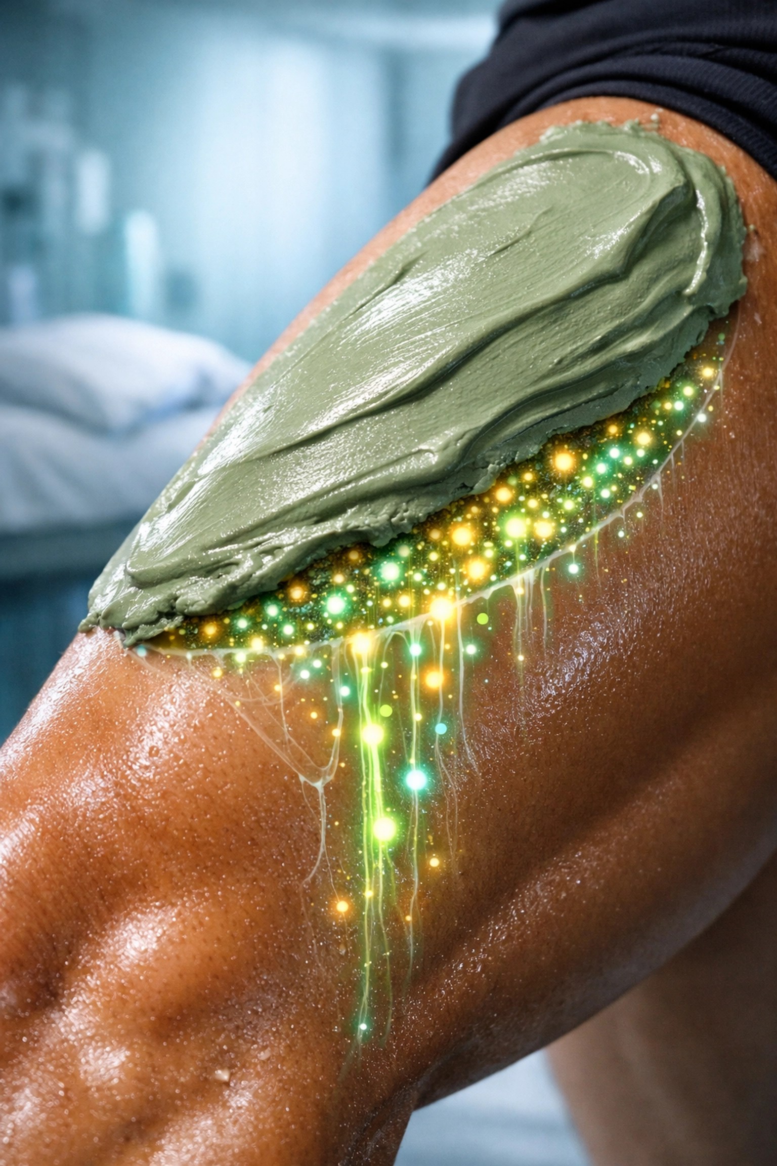 Green clay applied to an athlete's leg showing mineral absorption for natural pain relief and faster recovery.