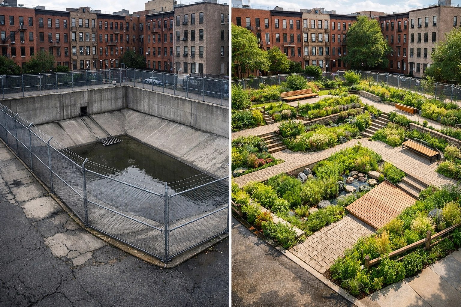 Traditional concrete stormwater basin versus integrated green infrastructure with native plantings