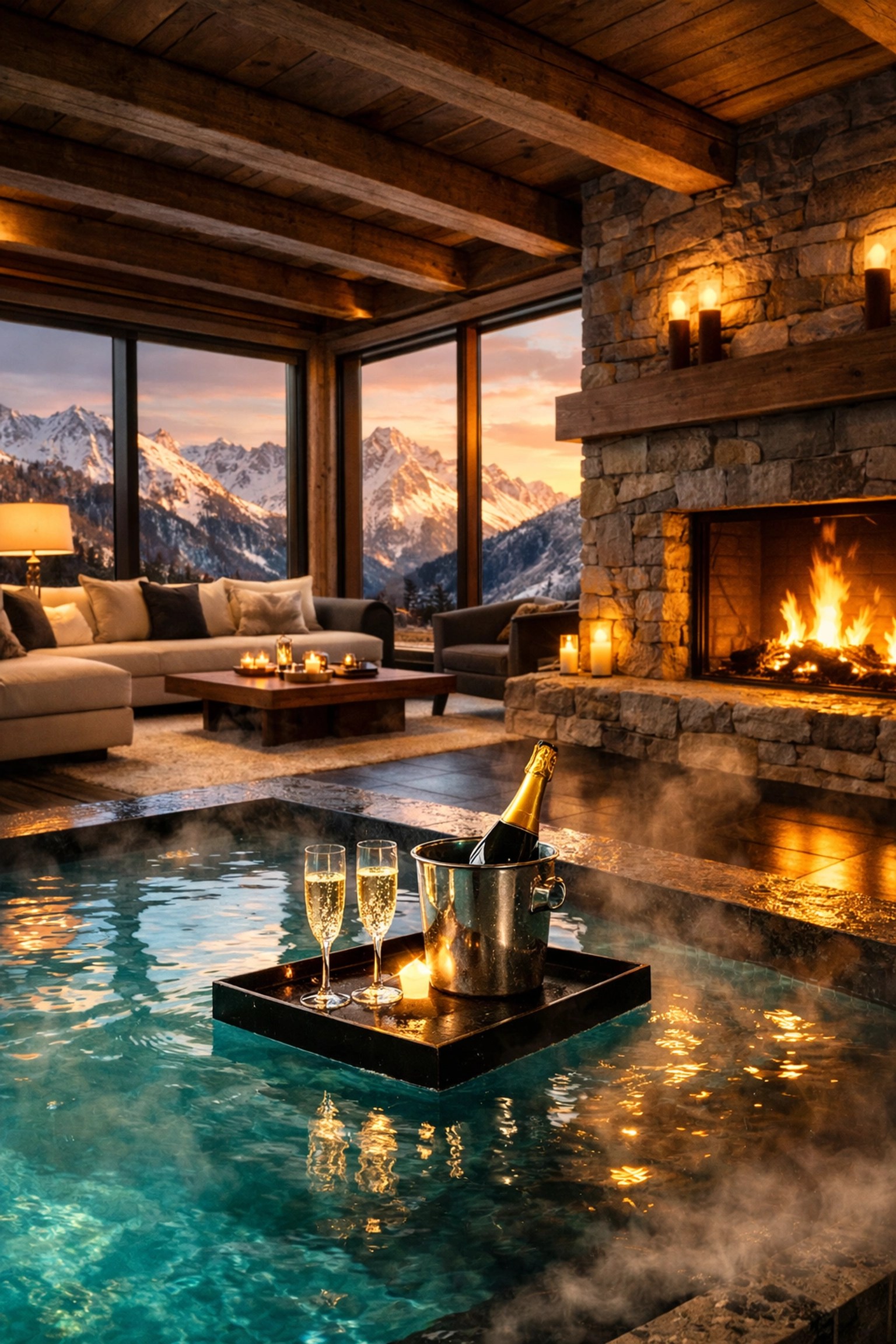 Luxury Alpine chalet indoor infinity pool with mountain views and fireplace