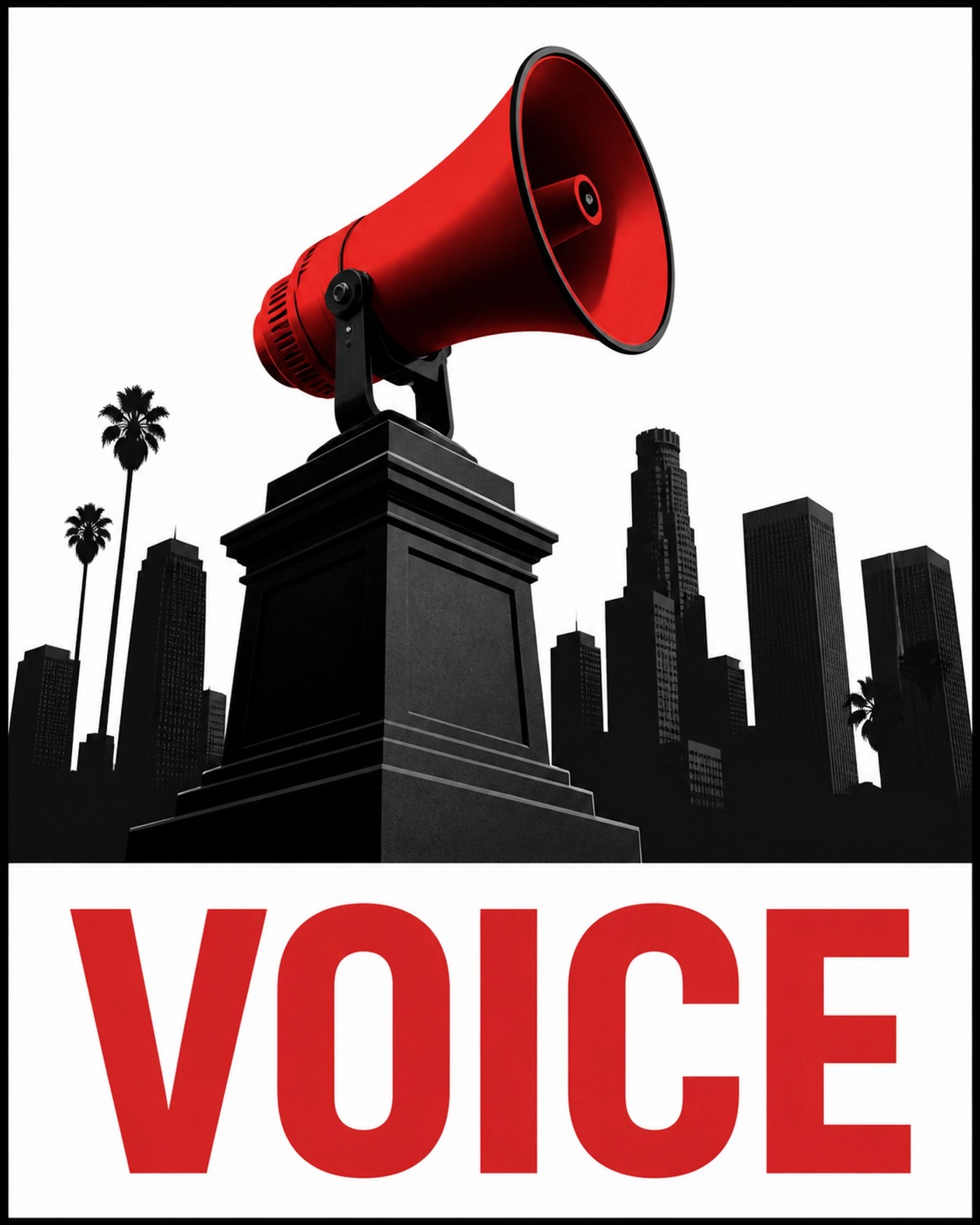 Red megaphone and LA skyline with VOICE text focusing on political advocacy in the community.