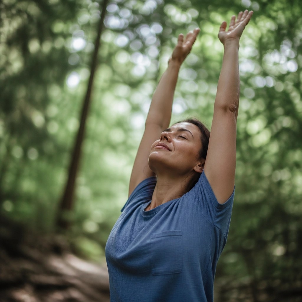A person stretching intentionally toward the sky in a sunlit garden.