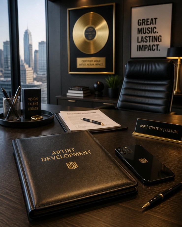 A record label executive's desk with an artist development folder and success awards