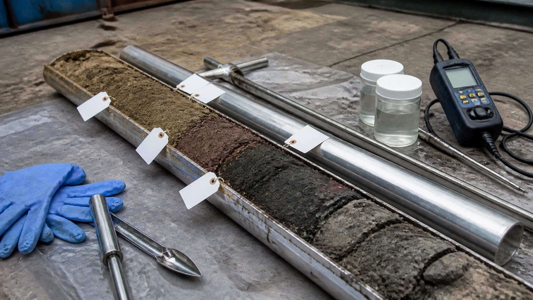 Close-up of split-spoon soil cores showing distinct subsurface strata, sampling tools, blank sample tags, and a field screening instrument