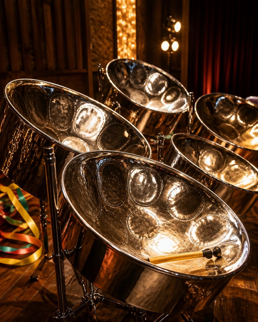 Close-up of polished steel pan drums in a warm, elegant music hall