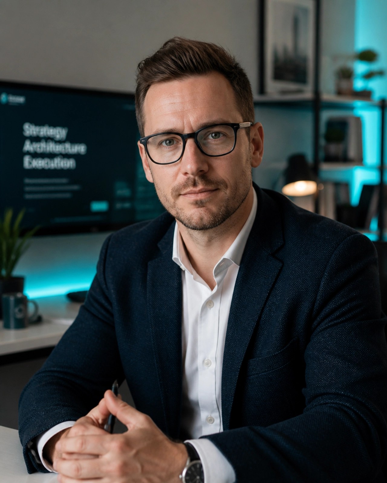Professional tech strategist in a focused, thoughtful pose representing calm authority