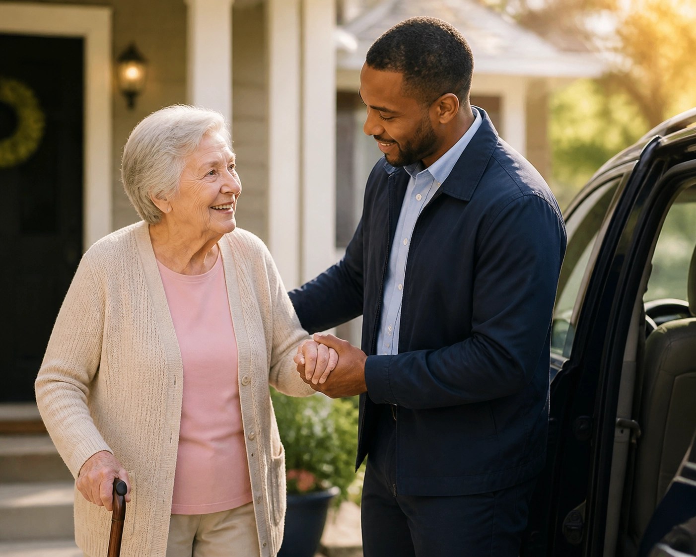 Professional medical transport driver providing door-to-door assistance to a senior patient.