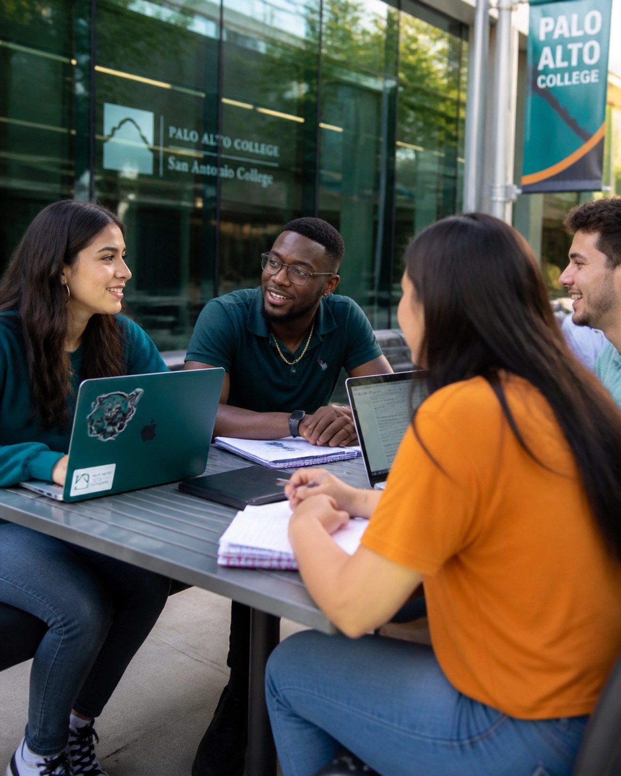 A diverse group of students collaborating at a modern San Antonio campus, representing the supportive local education community.