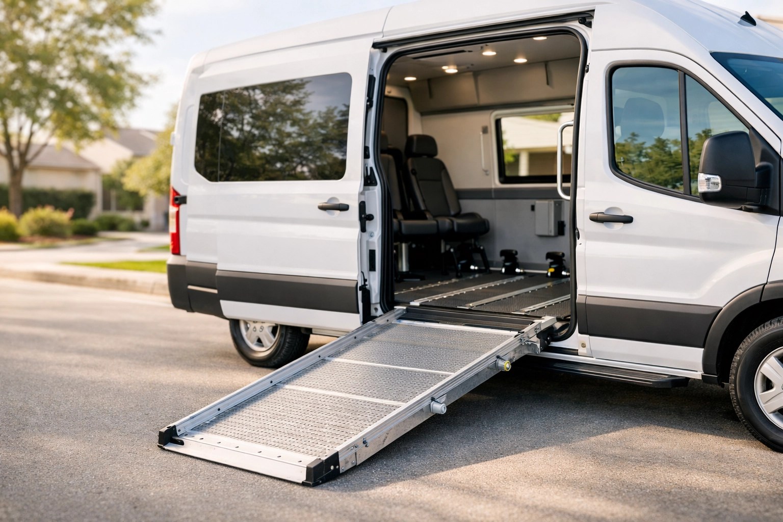 Modern ADA-compliant medical transport vehicle with a wheelchair ramp parked on a sunlit suburban street.