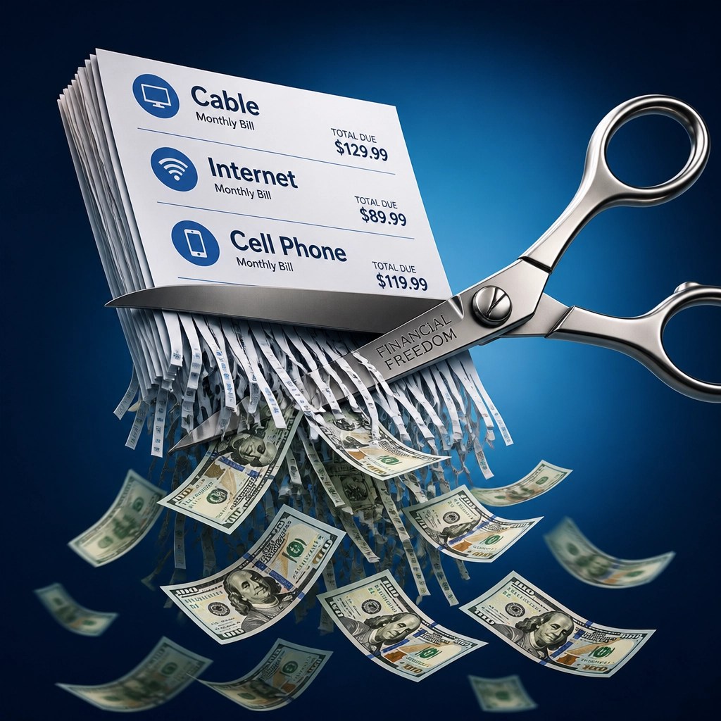 A 3D illustration of scissors shredding bills, with money fluttering out.