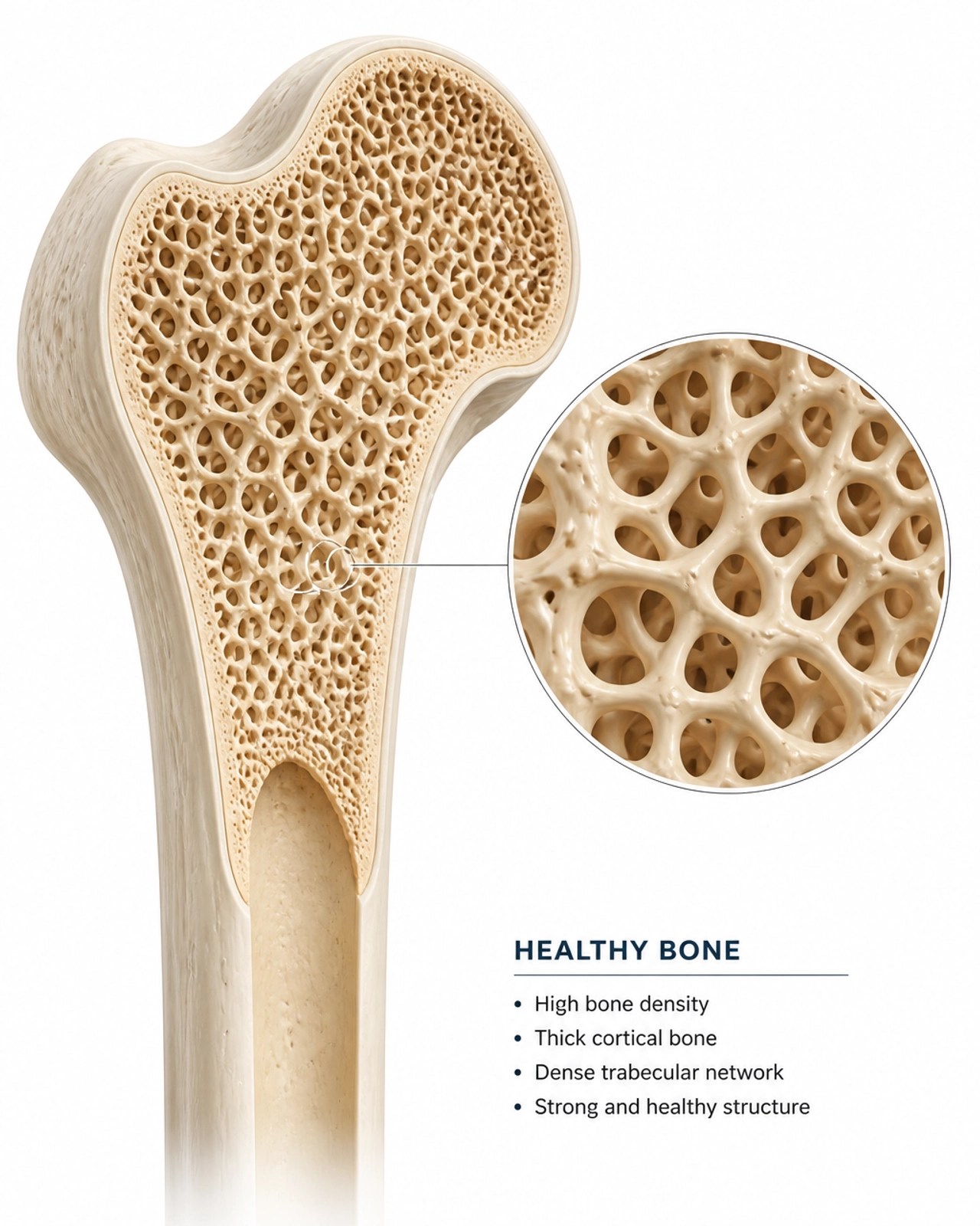 Cross-section of healthy bone tissue showing high density
