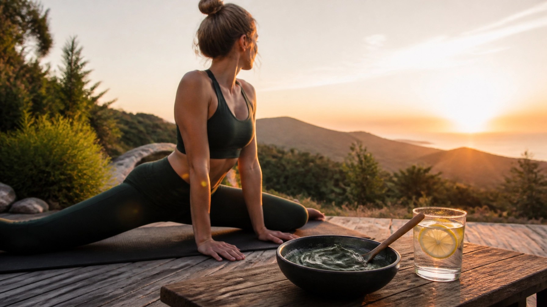 Active person stretching at sunrise with a bowl of recovery clay nearby