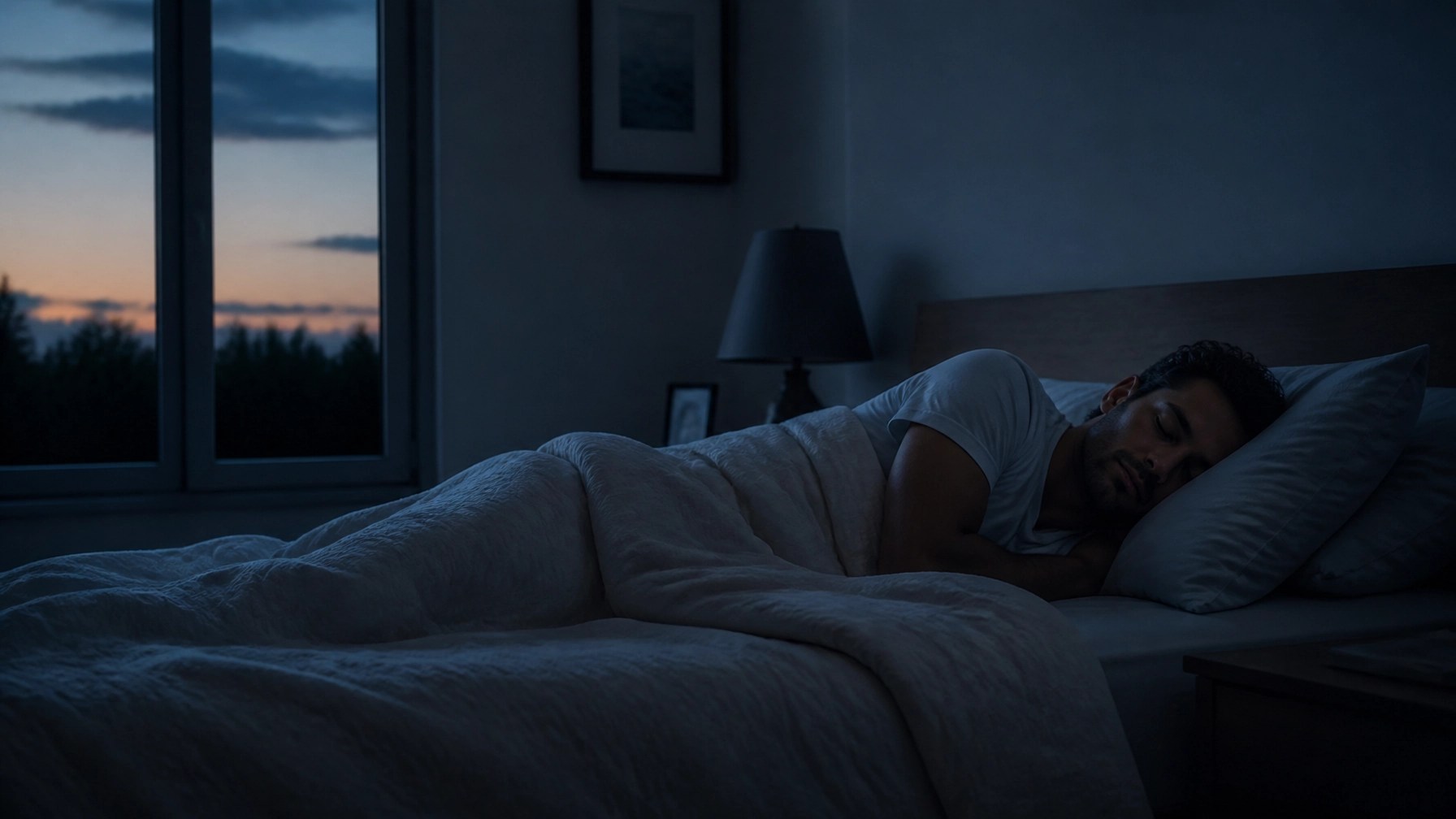 A peaceful bedroom scene at dusk, a person sleeping soundly under a light blanket