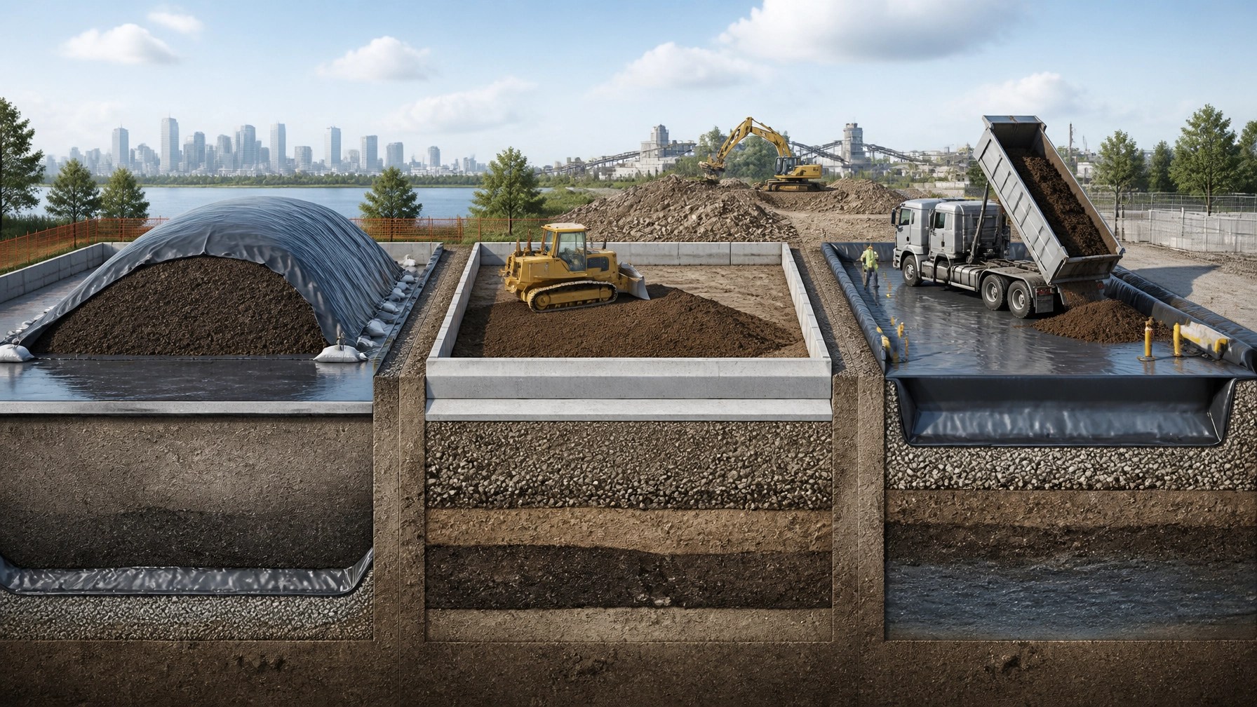 Technical illustration of covered stockpiling, clean fill placement beneath a cap, and licensed disposal routing for managed soil
