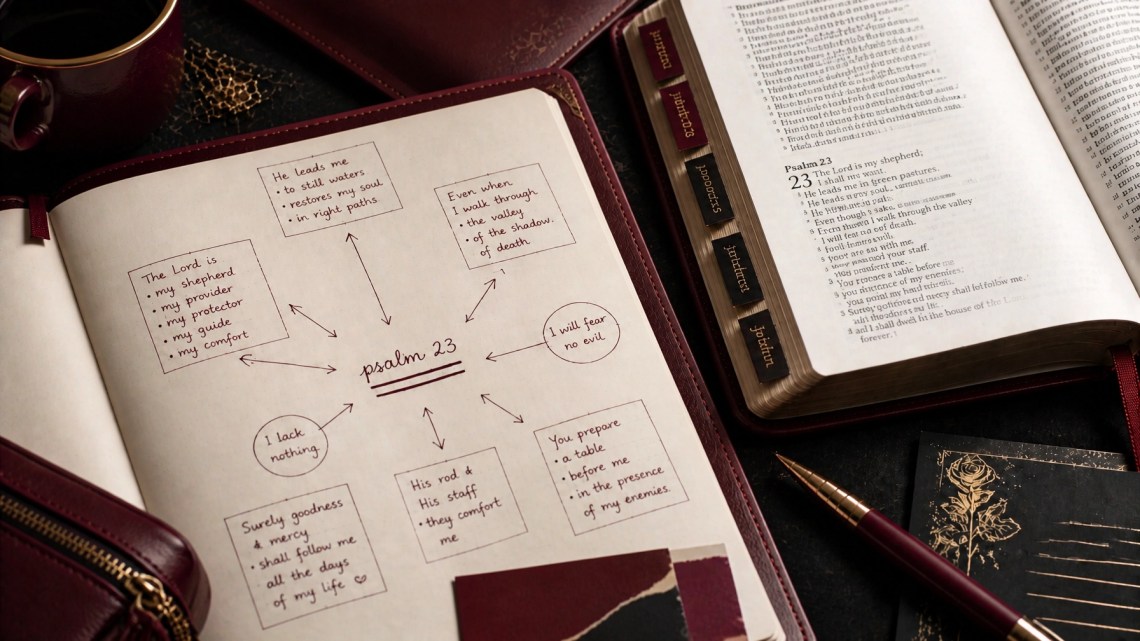 Close-up of a verse-mapping journal layout with connected notes, colored tabs, and an open Bible