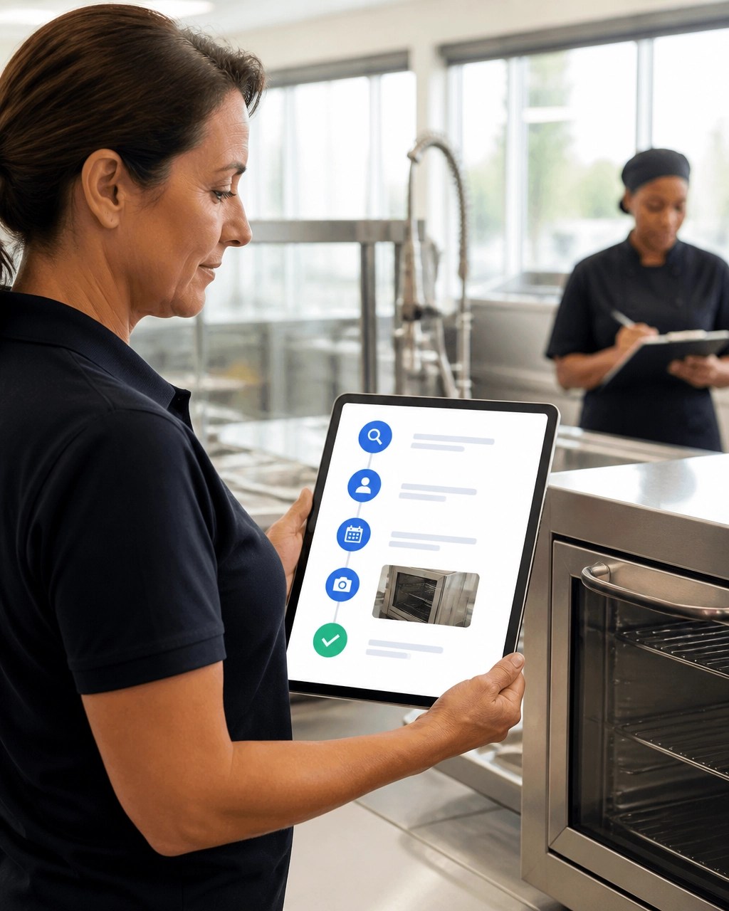 Cafeteria manager using a tablet to assign and close corrective-action tasks with digital evidence