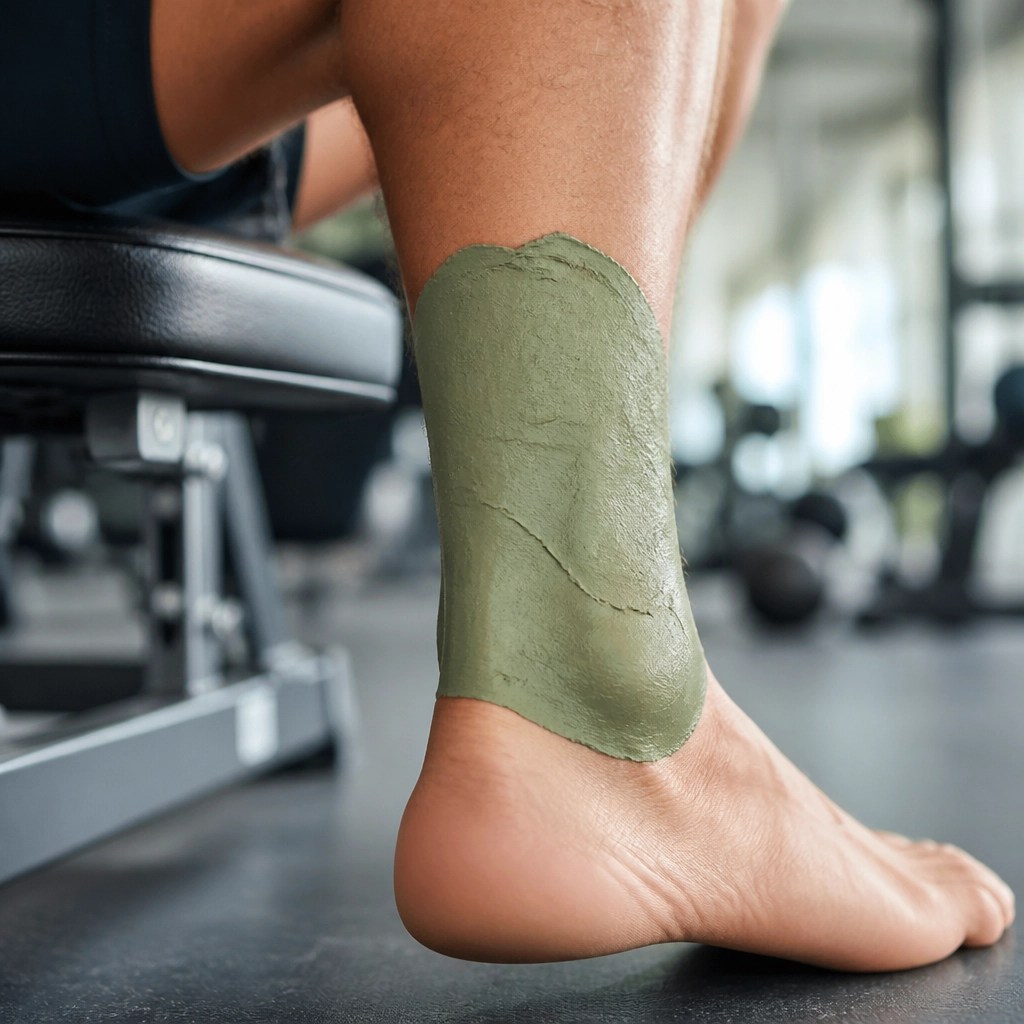 Athlete applying green clay to their leg for recovery