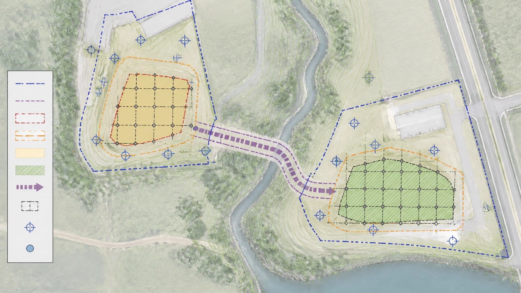 Technical GIS-style plan showing donor and receiving areas, sampling grids, groundwater wells, property boundaries, and cap limits