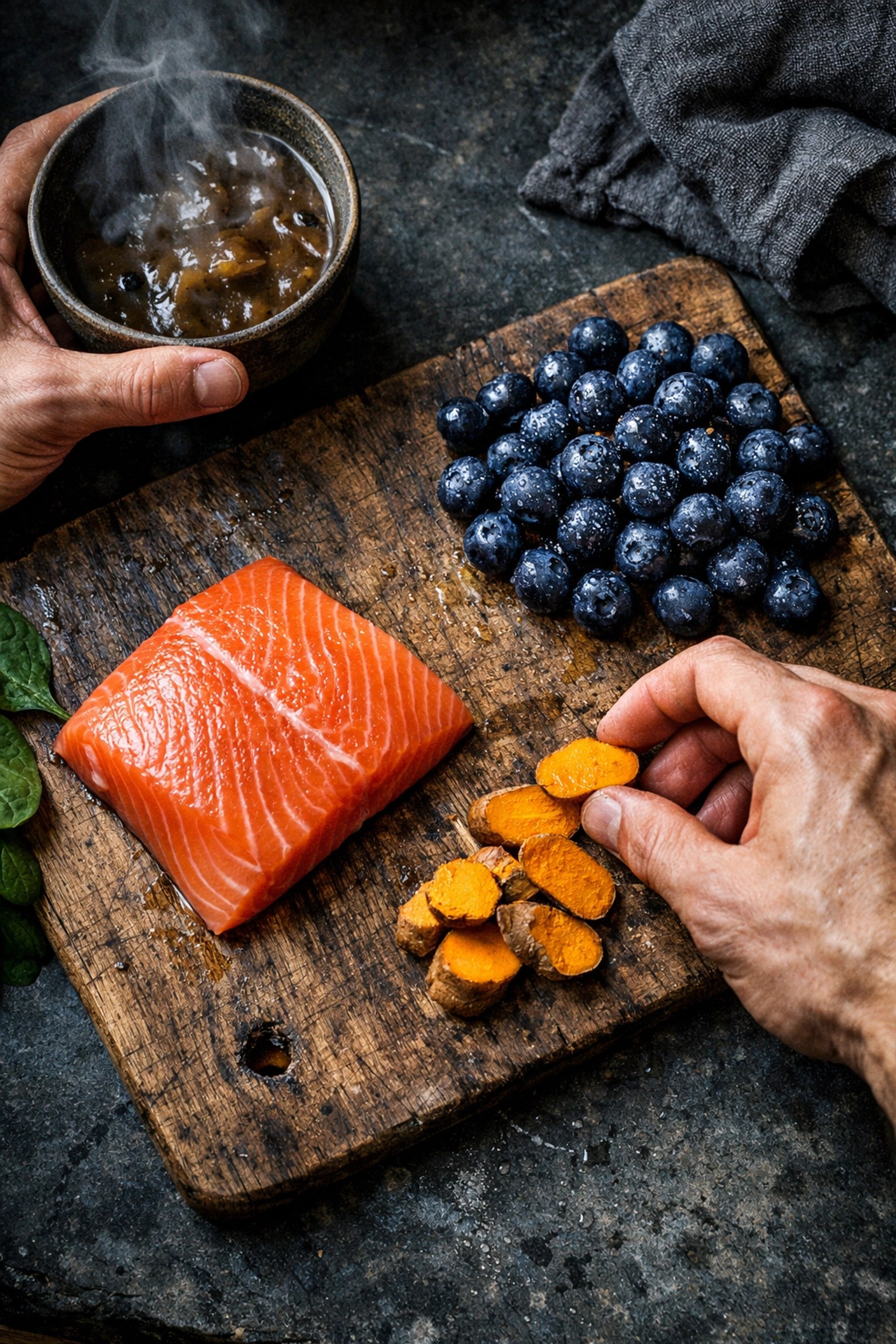 Post-workout recovery meal preparation with anti-inflammatory foods to support muscle repair after exercise.