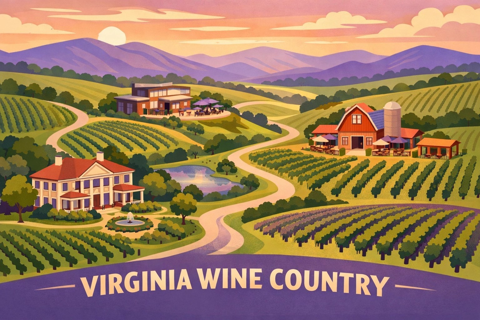 Scenic Loudoun wine country landscape showing multiple Virginia wineries on rolling hills