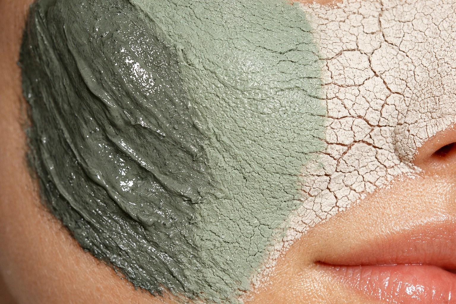 Macro shot showing the three drying stages of a bentonite clay mask on a person's cheek.