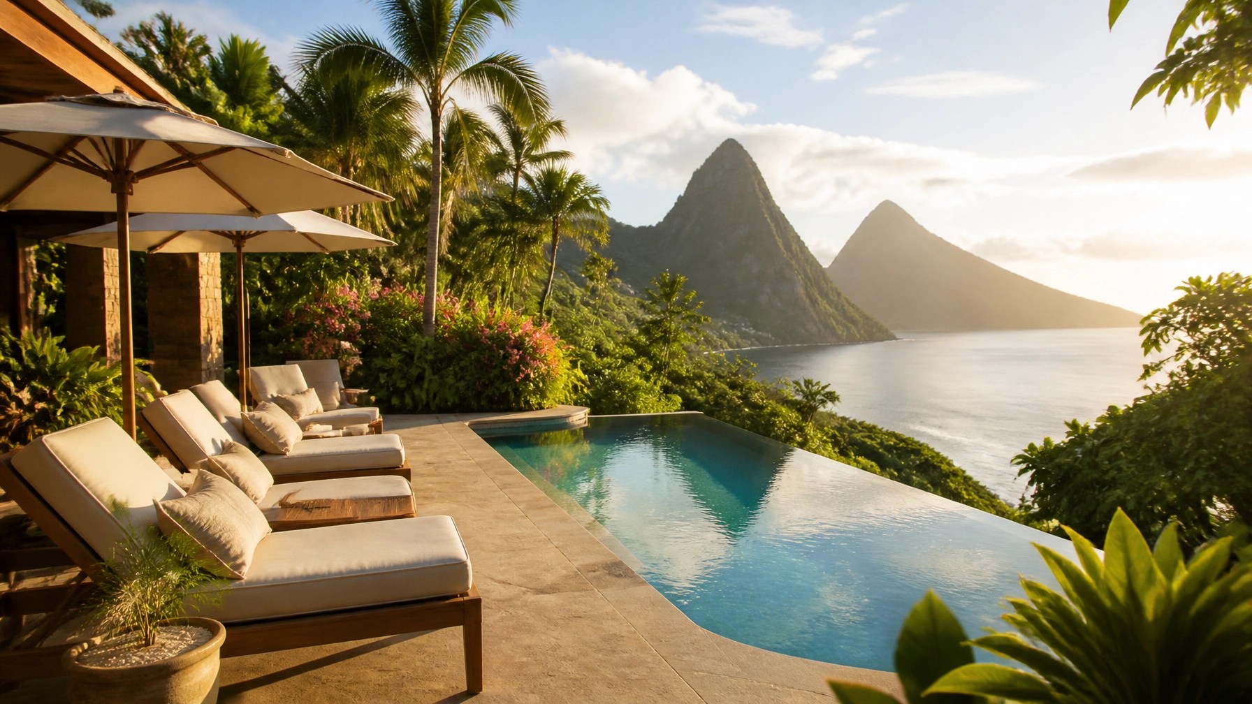 Exclusive private resort outdoor space with an elegant pool terrace, luxury loungers, lush tropical landscaping, and sweeping mountain and sea views in golden sunlight.