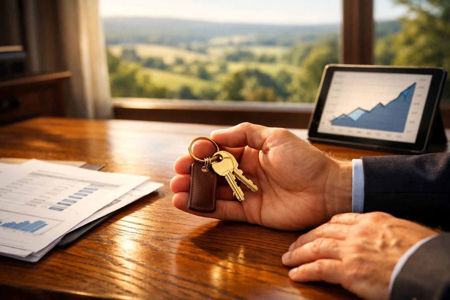 Hands holding keys to a Harford County home over financial documents, representing wealth building and equity.