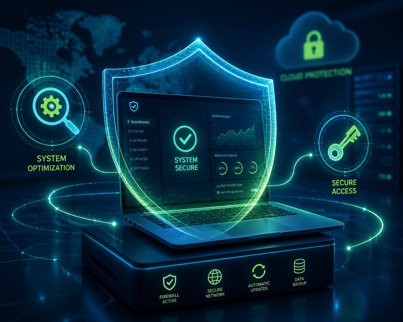 Cybersecurity and remote IT support visualization showing laptop protection and system optimization.