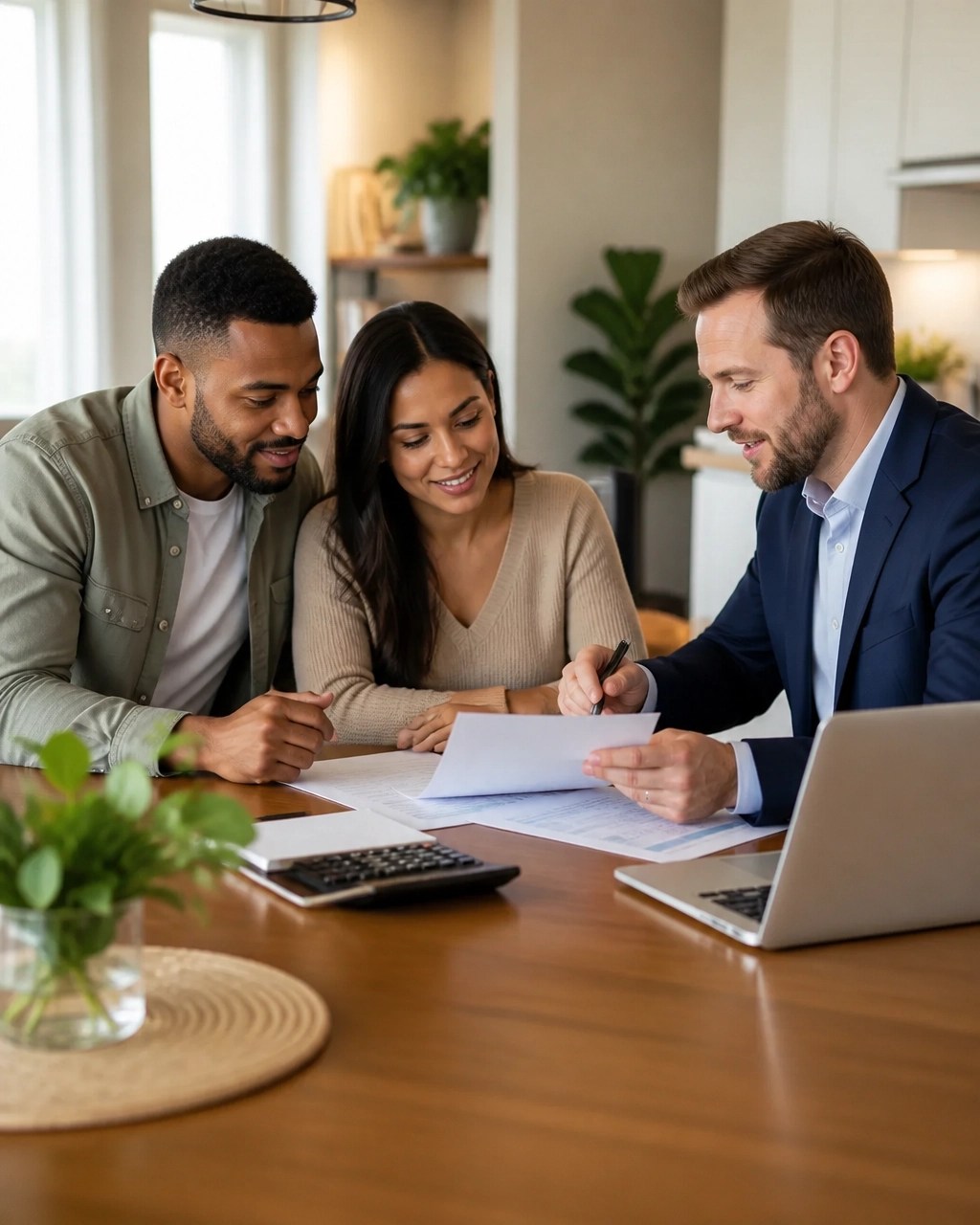 First-time homebuyers reviewing a home budget with a mortgage professional
