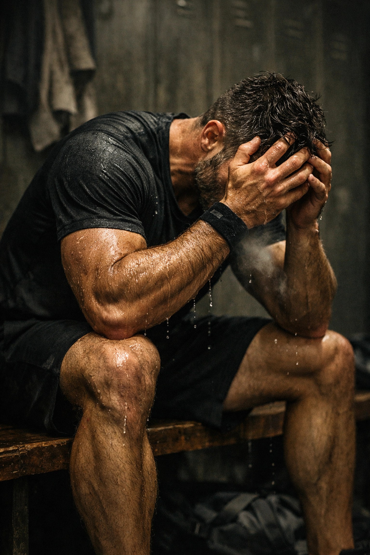 A weary athlete resting in a locker room after a session, focusing on professional sports recovery.