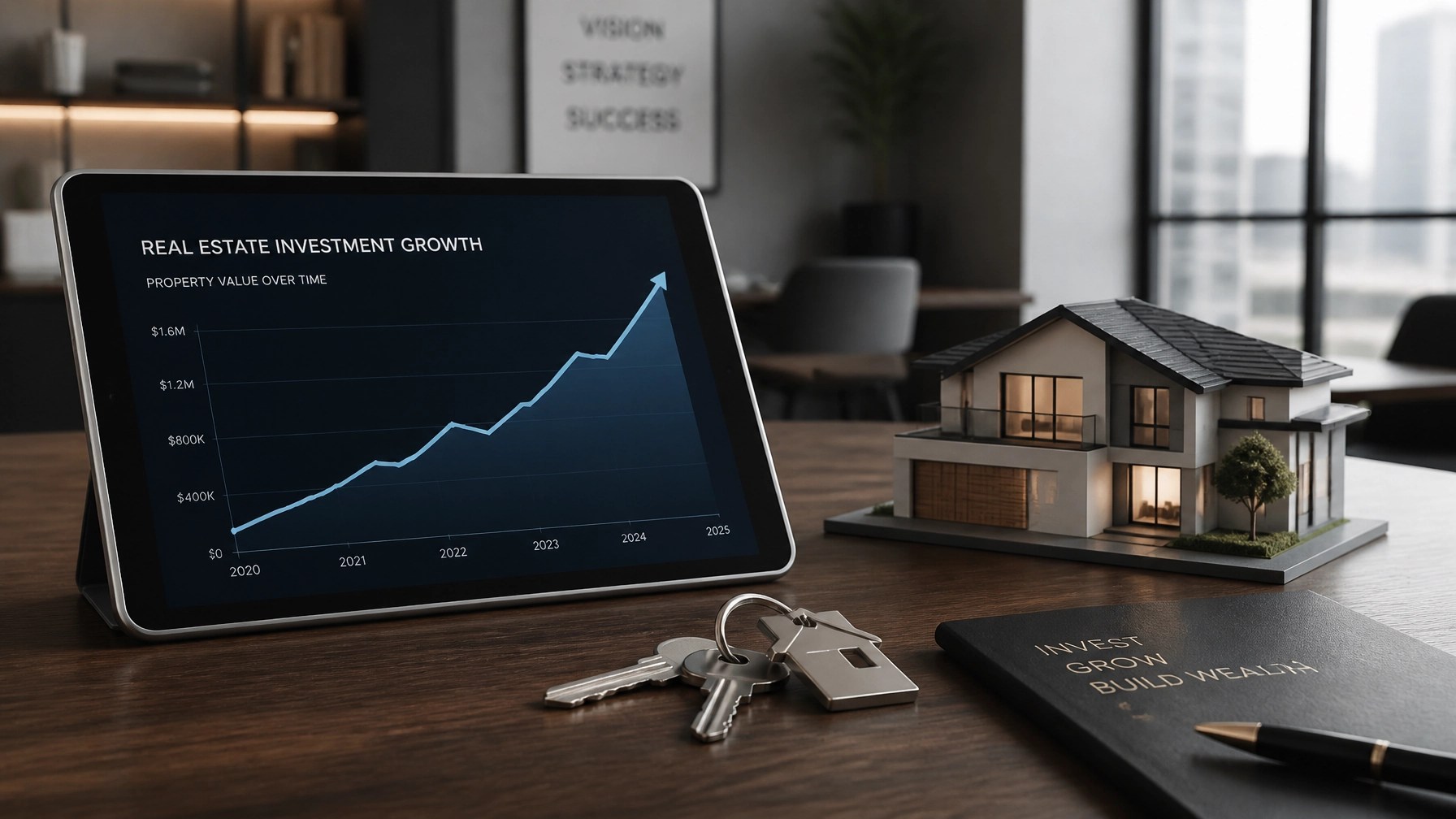 A professional conceptual graphic representing real estate investment growth, featuring a rising line graph on a tablet and house keys.