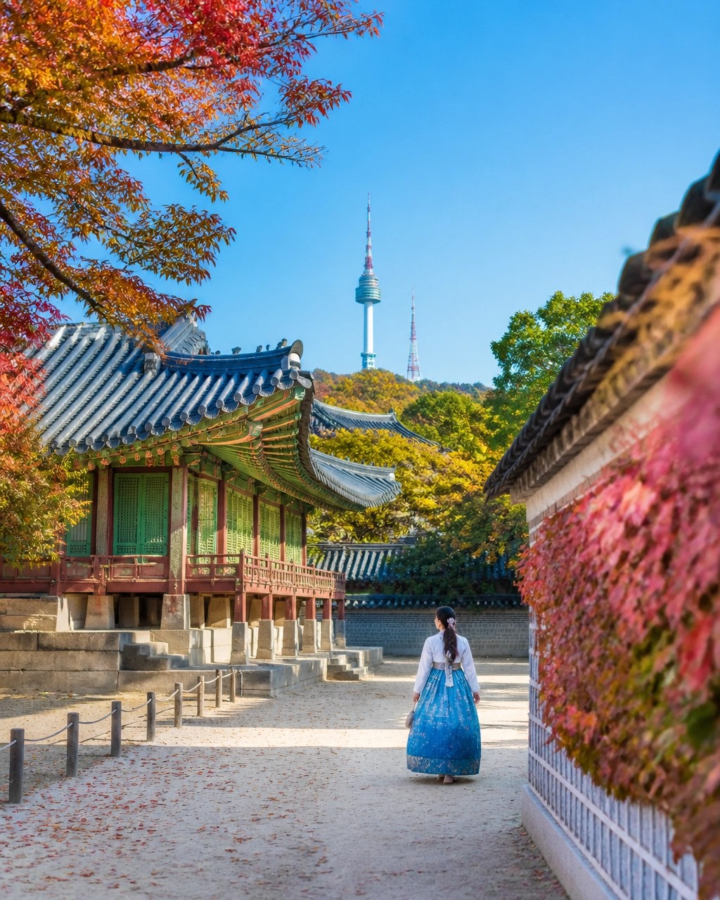 Seoul palace architecture framed by vivid autumn foliage in bright daylight