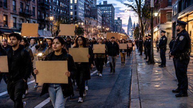 Marchers and police officers line a Manhattan avenue during an evening protest following a federal immigration enforcement operation