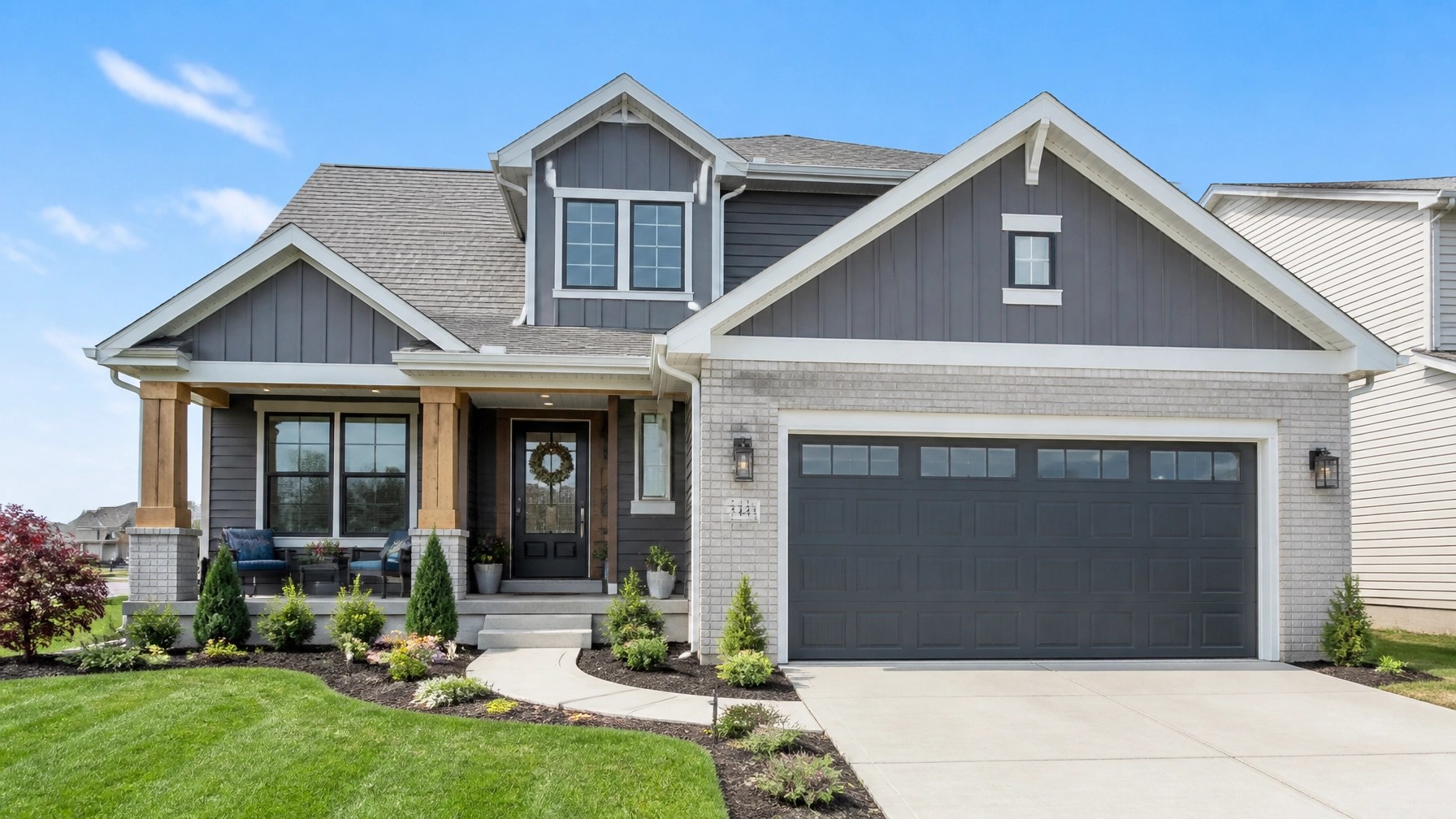 Contemporary suburban home exterior in Huber Heights Ohio with modern siding and manicured front yard