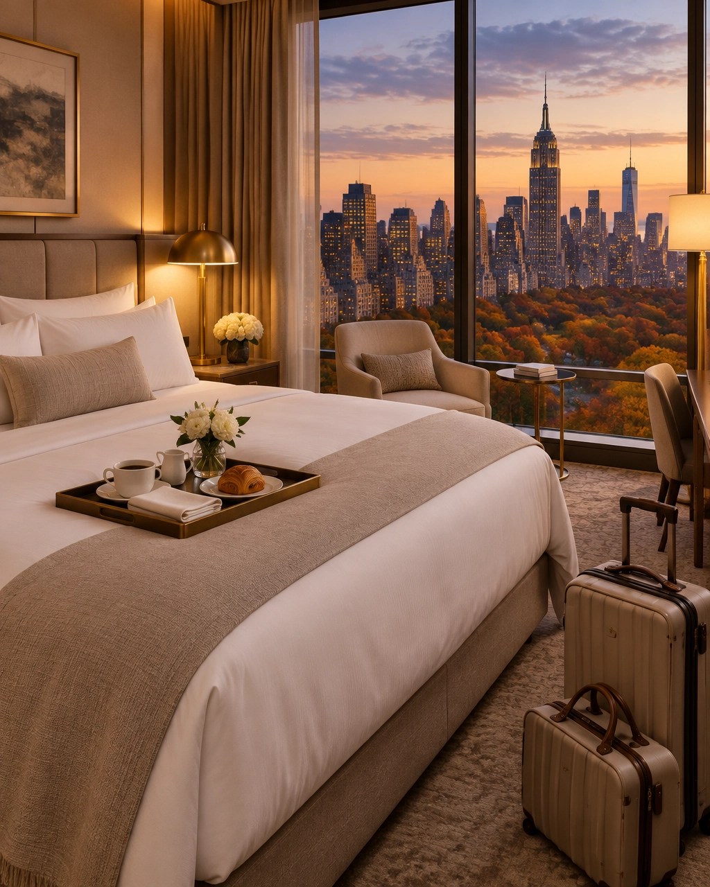 Serene Manhattan hotel suite prepared for a relaxed pre-cruise overnight