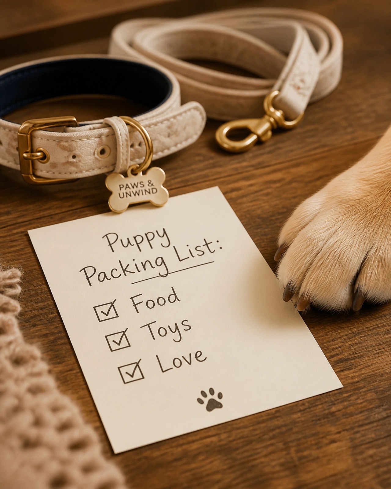 A close-up of a puppy packing list with a paw resting near it, emphasizing the care put into preparation.