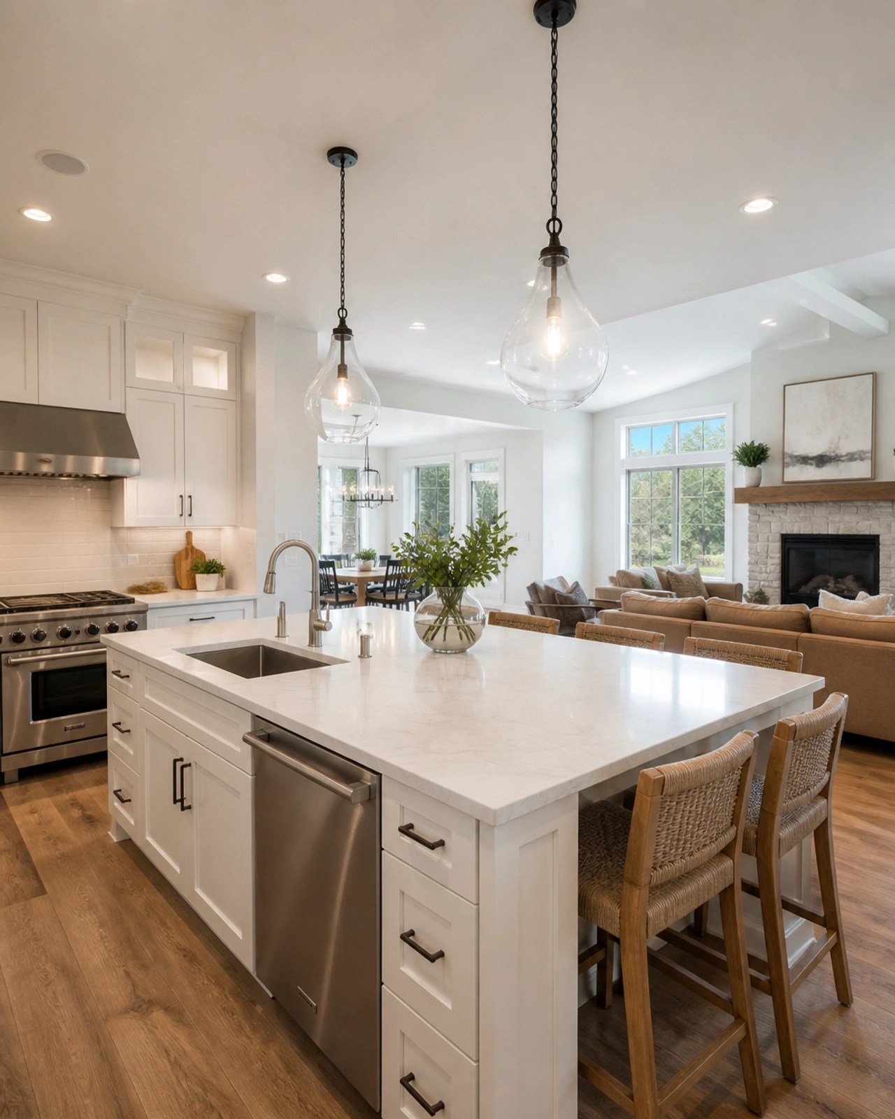 A bright, modern kitchen and open-concept living area representing the high-quality interior finishes found in Beavercreek homes.
