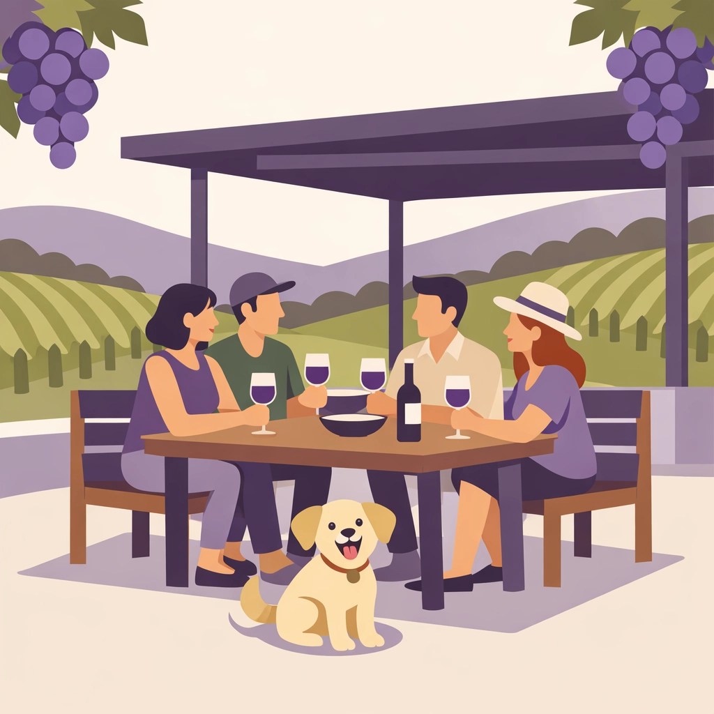 Friends and a dog enjoying an outdoor wine tasting at a scenic Loudoun vineyard pavilion.