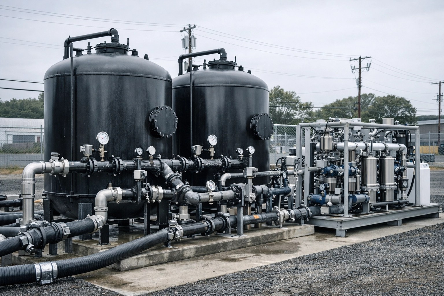 PFAS treatment system with granular activated carbon vessels, piping, gauges, and treatment skid at an industrial/commercial site in New Jersey.