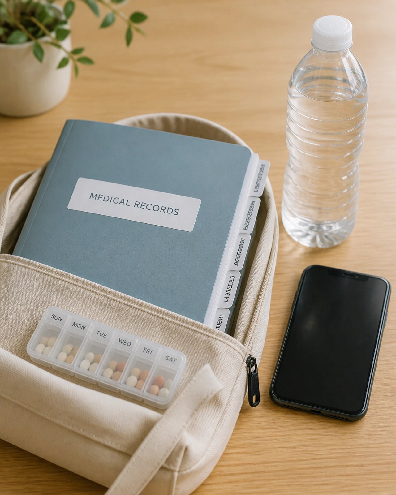 A minimalistic, organized go-bag with medical records, water, and a phone.