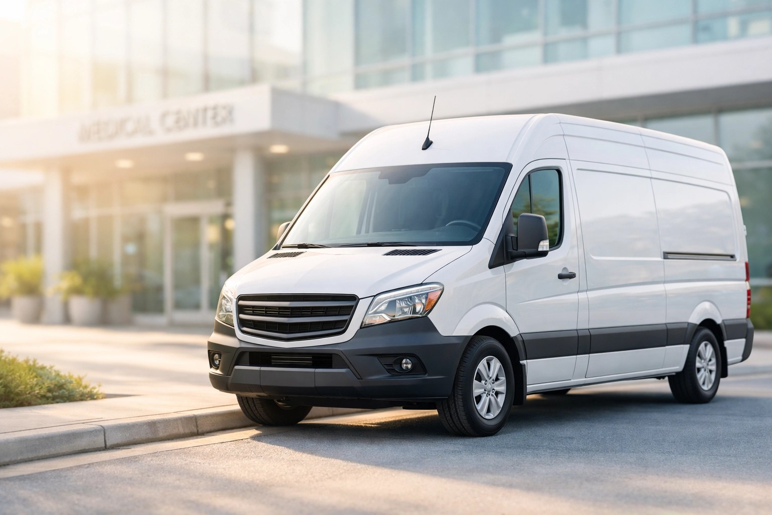 A reliable white medical transportation van parked outside a professional medical plaza for an on-time pickup.