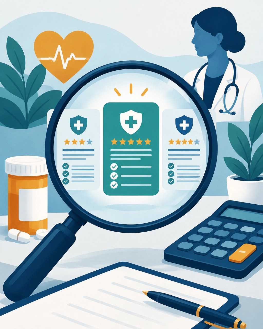 Medicare plan comparison illustration with plan cards, star icons, prescription bottle, and cost calculator