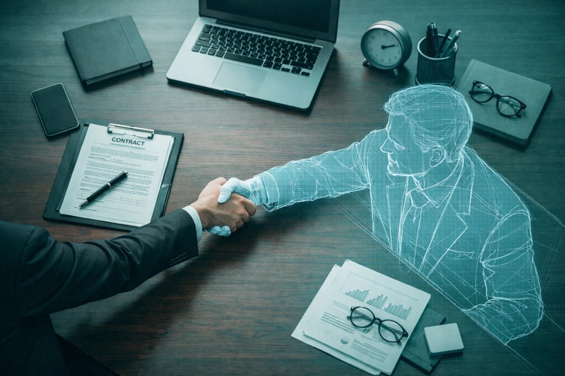 Visual of missing employer pension contributions during a handshake over a desk.
