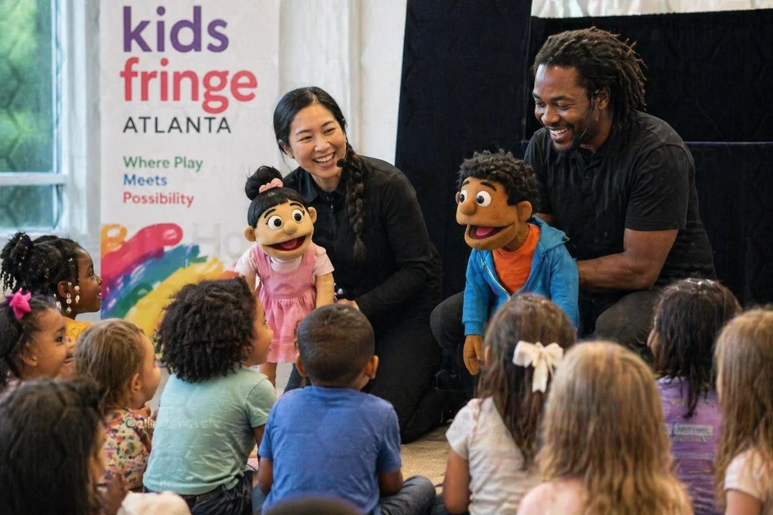 Professional puppet performers engaging with a group of children during Kids Fringe in Atlanta.