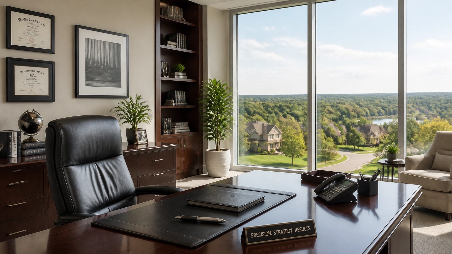 A professional, upscale office interior with a window overlooking a beautiful suburban neighborhood in Ohio.