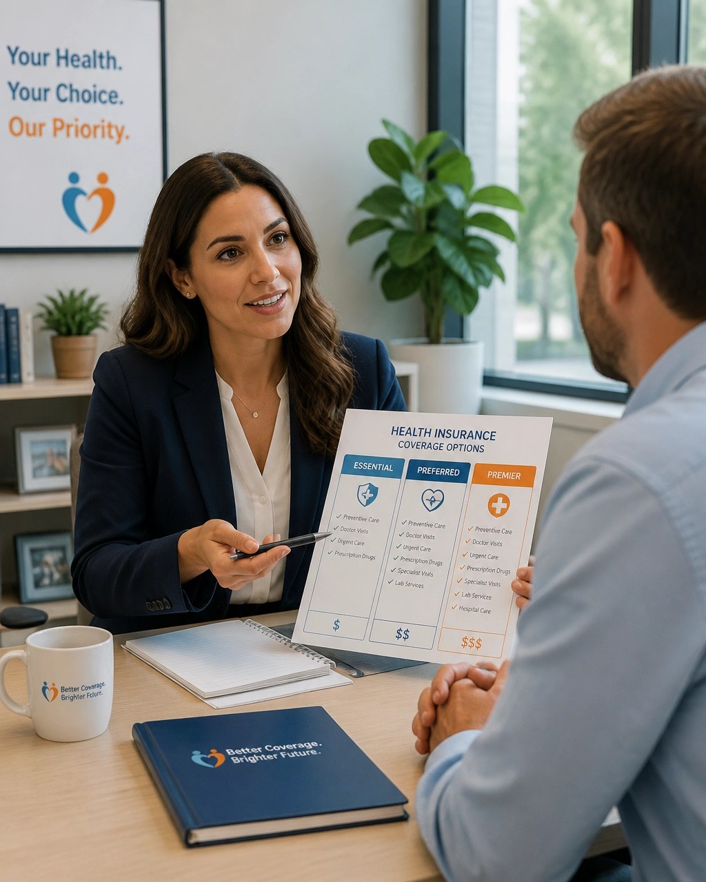 Professional health insurance advisor discussing coverage options with a client in a bright modern office